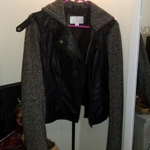 Hooded black leather jacket